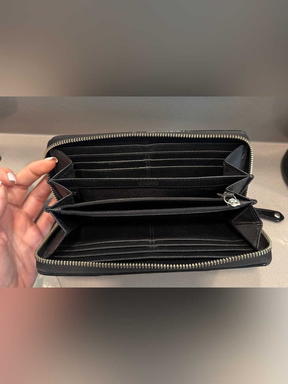 Coach Black Signature Zip-Around Wallet with Patent Trim - Picture 4 of 5